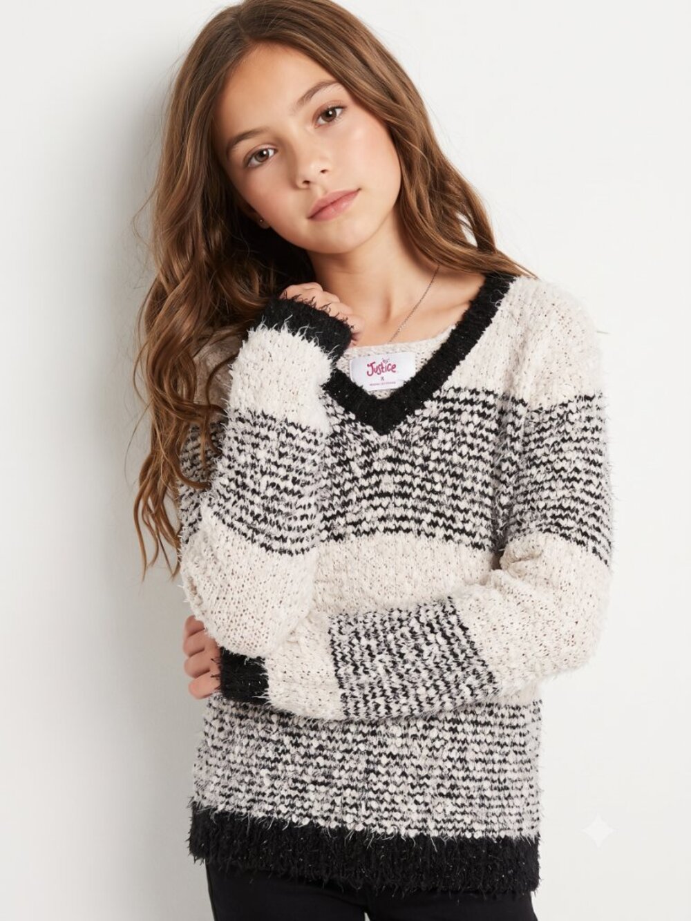 Justice Girls Hooded Sweater Black White Stripes V Neck Size 8